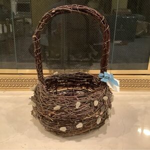 Pottery Barn Natural Twig Basket with Blue Ribbon